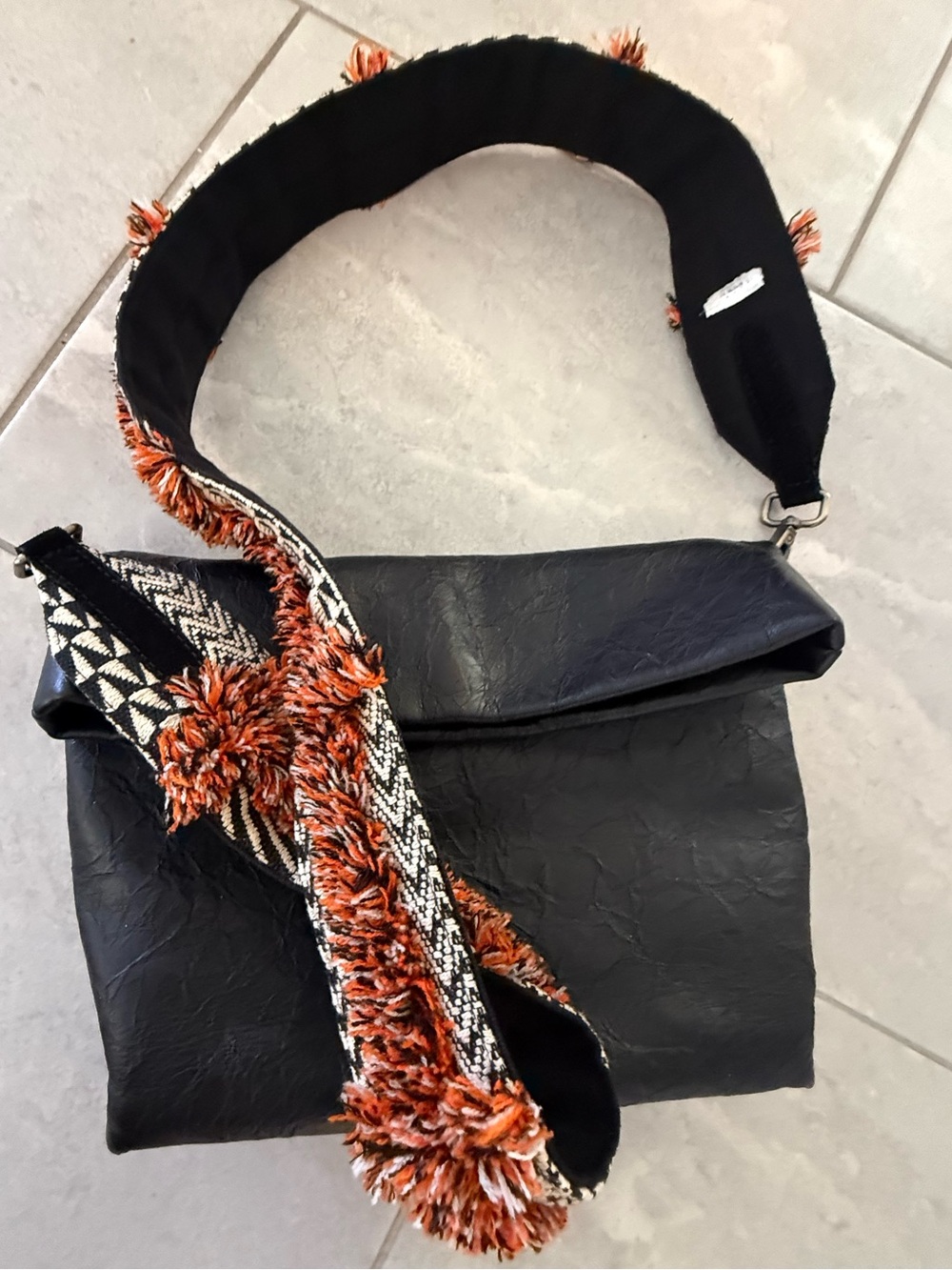 Anthropologie Black Envelope Shoulder Bag with Orange Fringe Strap